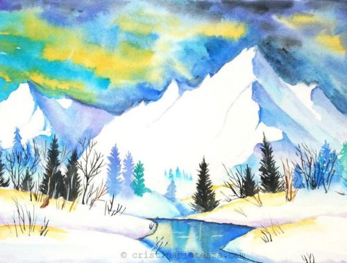 Watercolor mountain cristina vivi - painting- munti pictura in acuarele