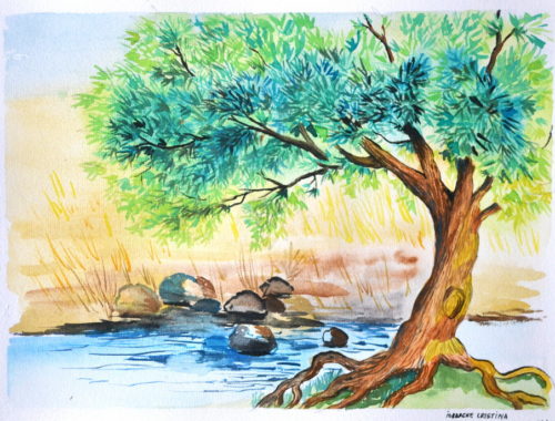 River Tree easy watercolor drawing