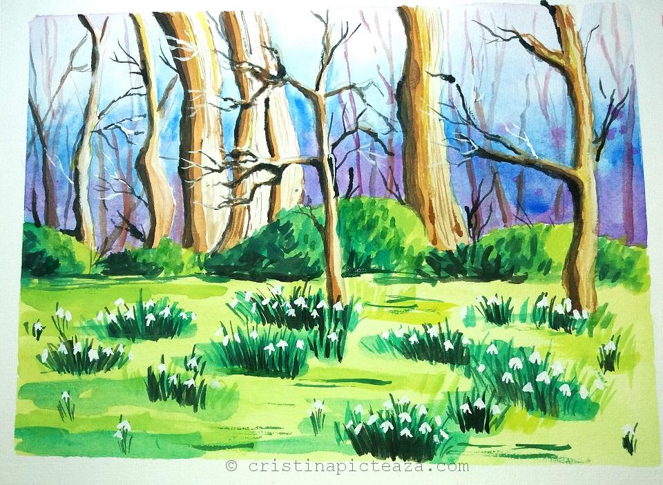 spring painting - Snowdrops watercolor landscape by Cristina-Vivi Iordache