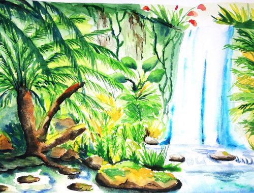 Waterfall painting in watercolor