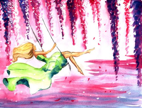Girl in Swing Painting in Watercolors - Pictura cu fata in leagan cu acuarele