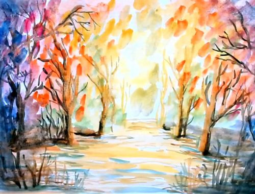Impressionist watercolor painting - fall landscape - Peisaj de Toamna Pictat