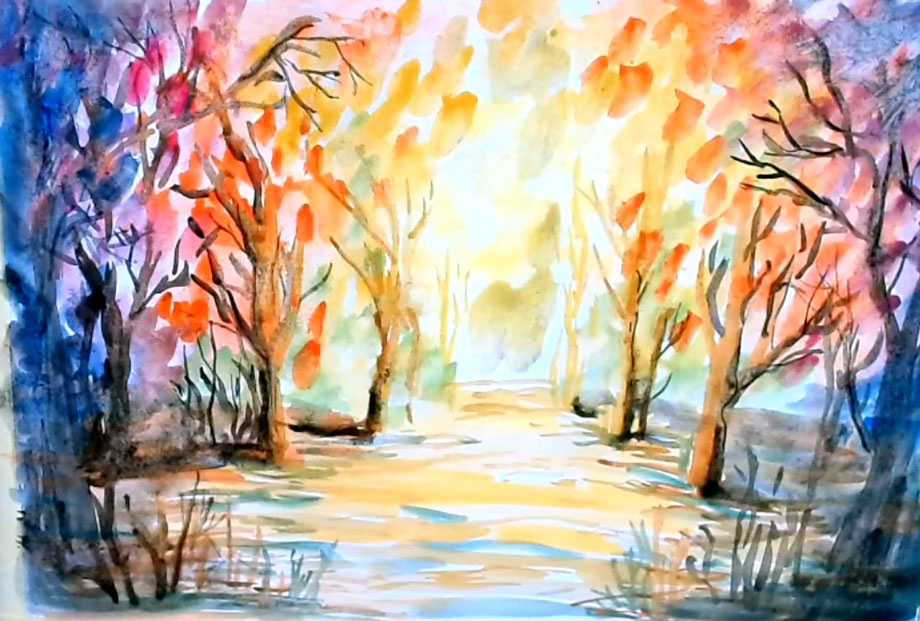 Impressionist watercolor painting - fall landscape - Peisaj de Toamna Pictat