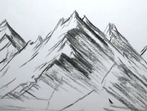 peisaj cu munti in creion iarna