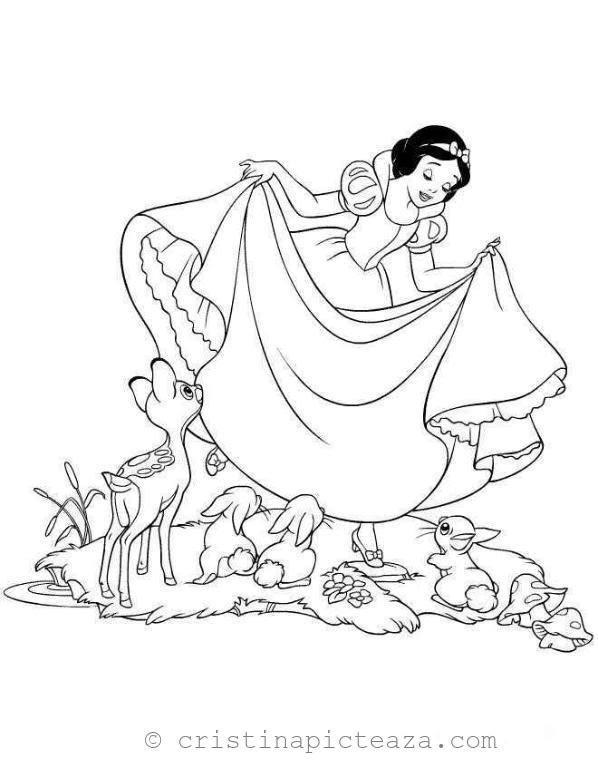 Princess Snow White and the animals coloring pages - planse de colorat alba ca zapada