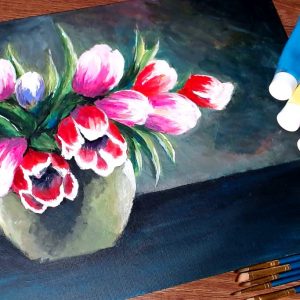 Pictura cu lalele in acrilice - Cristina picteaza - Tulips in acrylics painting