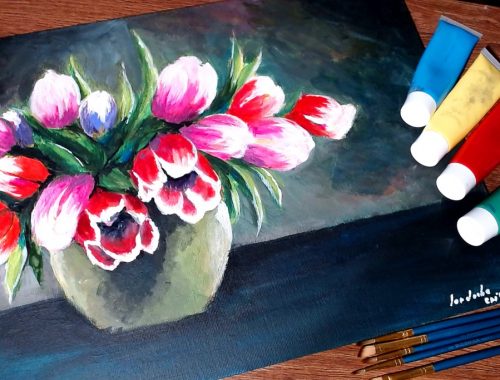 Pictura cu lalele in acrilice - Cristina picteaza - Tulips in acrylics painting