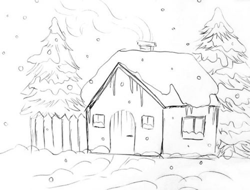 Desen in creion peisaj de iarna cu casuta si brazi - Cristinapicteaza.com - how to draw winter landscape